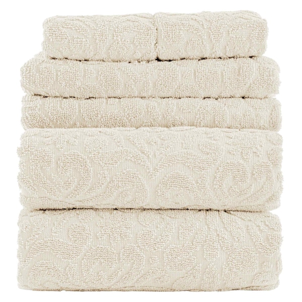 Lavish Home 6PC Jacquard Towel Set 100% Cotton Bathroom Accessories Soft & Absorbent Bathroom Set 67-040-CRM - main