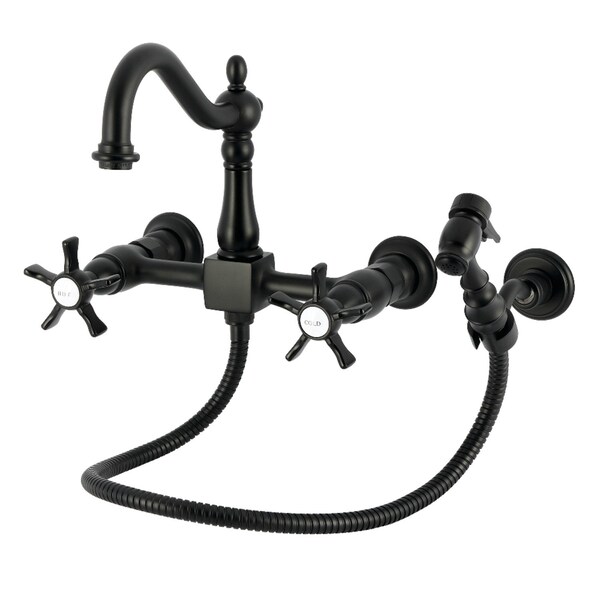 Kingston Brass Two-Handle Wall Mount Bridge Kitchen Faucet with Brass Sprayer, Matte Black KS1260NXBS - main