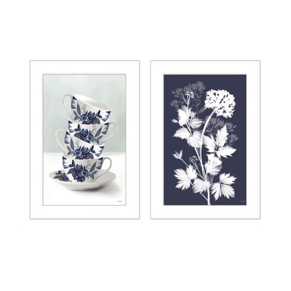Homeroots Set Of Two Tea Towers with Flowers Blue White Framed Print Kitchen Wall Art, 2PK 408187 - main