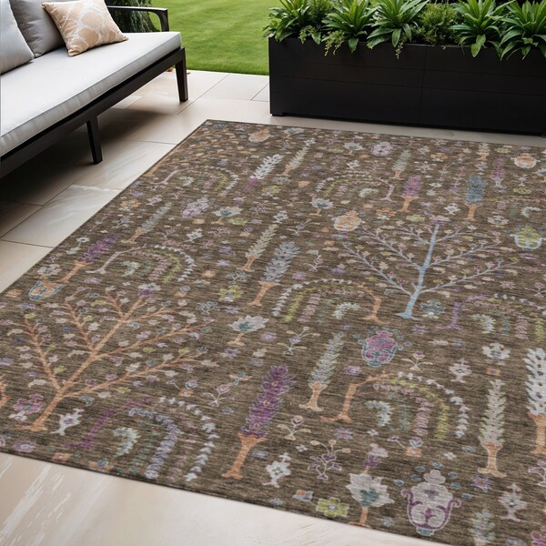 Homeroots 5' X 8' Brown Purple And Blue Floral Washable Indoor Outdoor Area Rug 605260 - main
