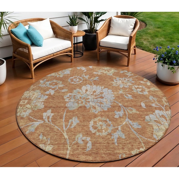 Homeroots 8' Orange Copper And Gray Round Floral Washable Indoor Outdoor Area Rug 589496 - main