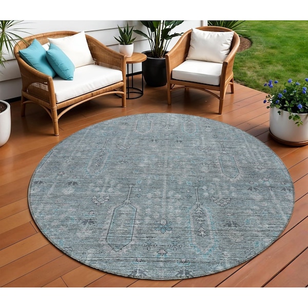 Homeroots 8' Teal Blue And Gray Round Southwestern Washable Indoor Outdoor Area Rug 587088 - main