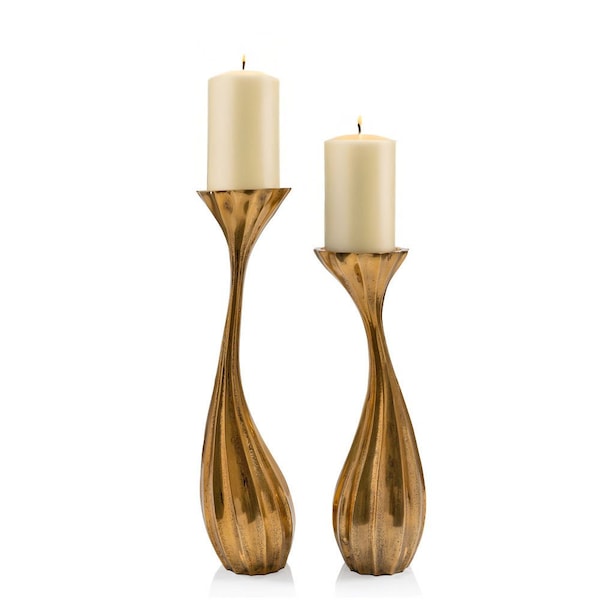 Homeroots Set of Two Antiqued Gold Aluminum Wavy Faceted Tabletop Pillar Candle Holders, 2PK 659940 - main
