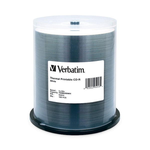 Verbatim CD-R DataLifePlus Printable Recordable Disc, 700 MB/80 min, 52x, Spindle, White, PK100, 100PK 95253 - main