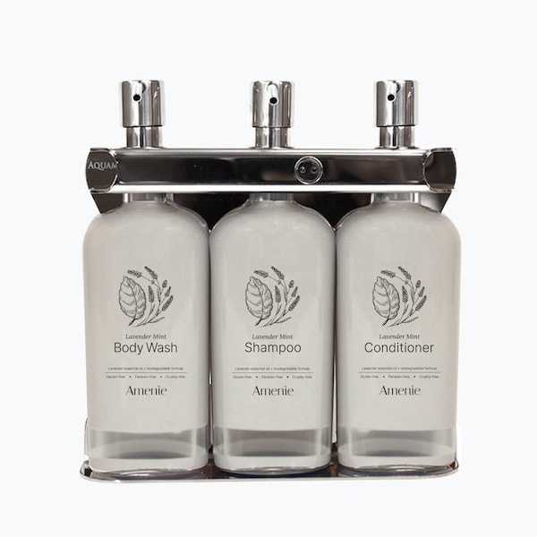 Amenie Lavender Mint Aquamenities 3 Chamber Refillable Dispenser, Polished Stainless Steel ASP300KIT-AmenieLM - main