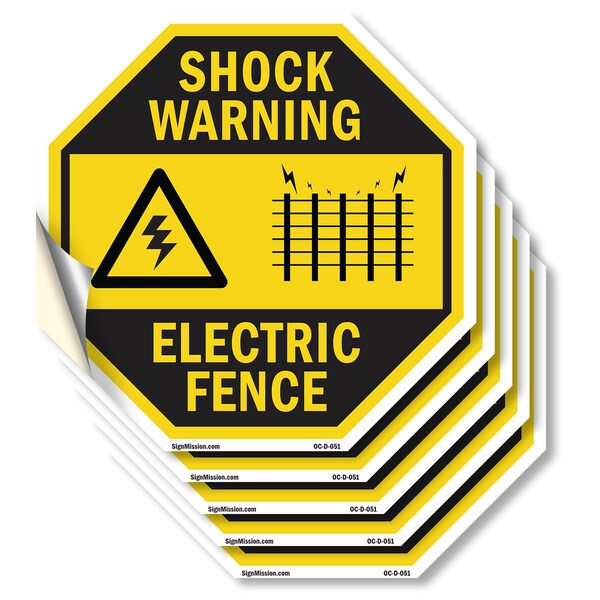 Signmission Shock Warning Electric Fence, 4 inch X 4 inch, Vinyl Decal, 5PK OC-D-5PACK-4-51 - main