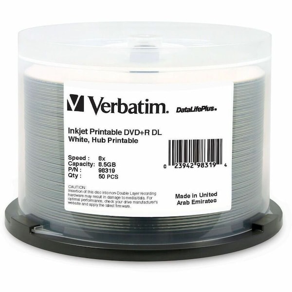 Verbatim DataLifePlus DVD Recordable Media - DVD+R DL - 8x - 8.50 GB - 50 / Pack - White 98319 - main