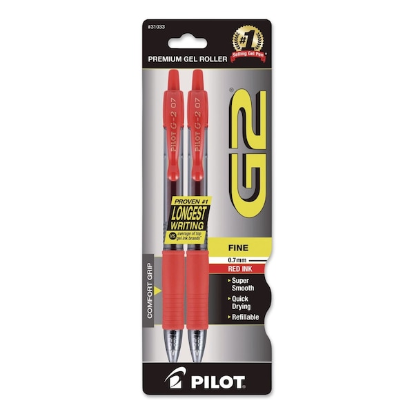 Pilot G2 Premium Gel Pen, Retractable, Fine 0.7 mm, Red Ink, Smoke/Red Barrel, 2PK 31033 - main