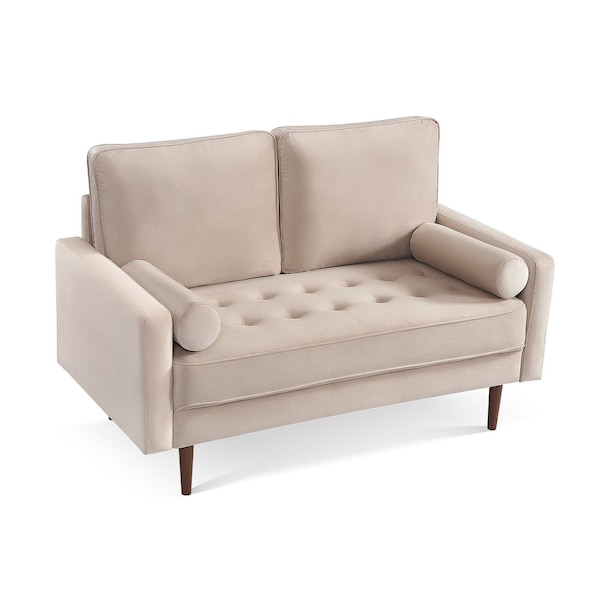 Homeroots 57" Beige And Dark Brown Velvet Loveseat and Toss Pillows 543713 - main