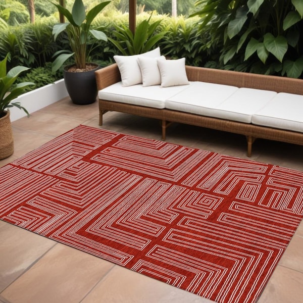 Homeroots 9' X 12' Red And Ivory Geometric Washable Indoor Outdoor Area Rug 600862 - main