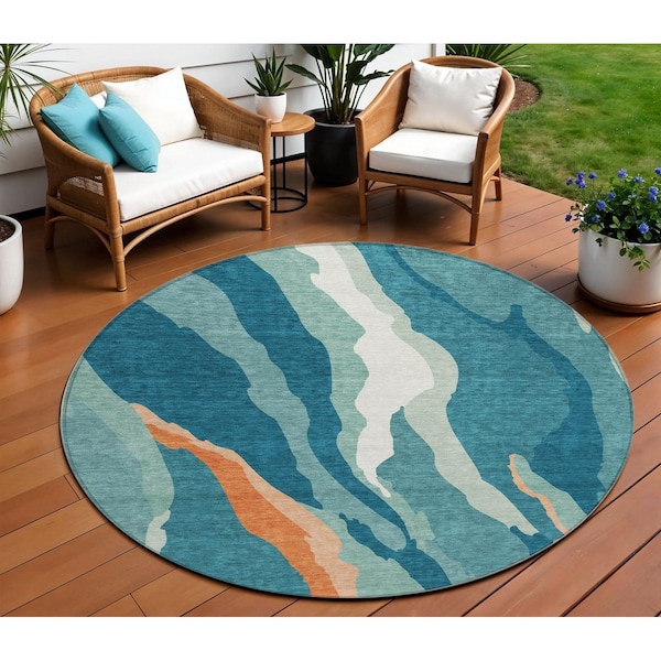 Homeroots 8' Teal Blue Copper And Ivory Round Abstract Washable Indoor Outdoor Area Rug 601010 - main