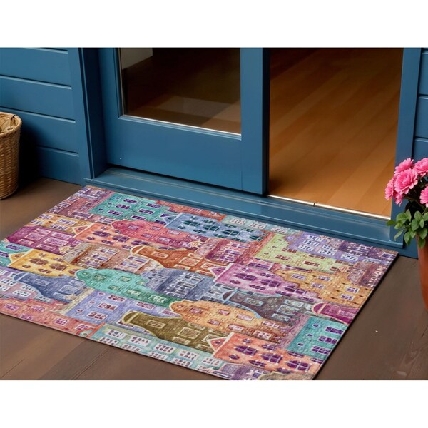 Homeroots 3' X 5' Red Gold And Teal Blue Village Houses Washable Indoor Outdoor Area Rug 577877 - main