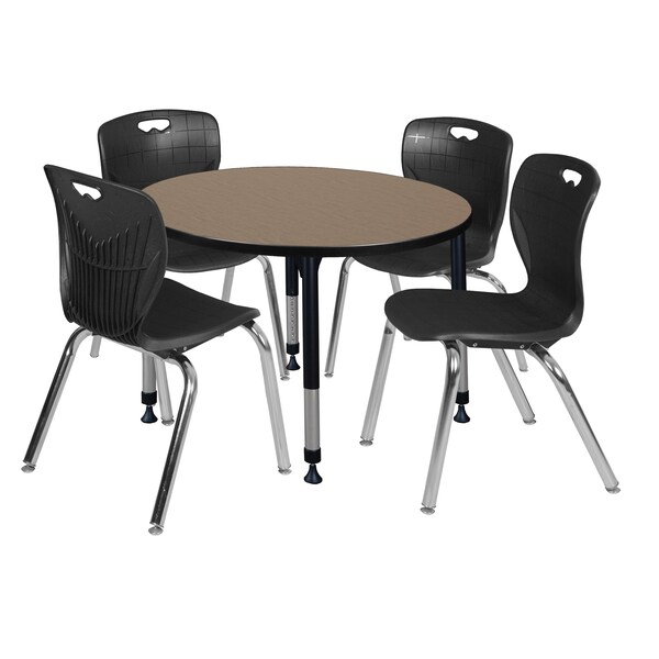 Regency Round Kee Adjustable Classroom Table W/ 4 Andy Stack Chairs, 36 in W, 36 in L, Noble Oak TB36RNDNOAPBK40BK - main