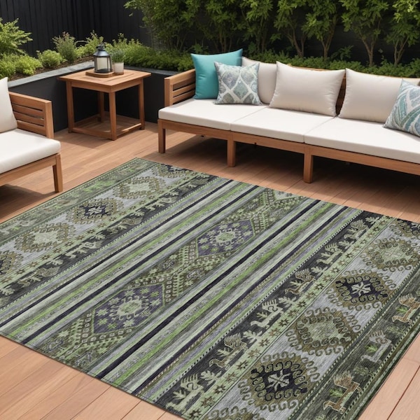 Homeroots 8' X 10' Fern Green Taupe And Ivory Tribal Washable Indoor Outdoor Area Rug 615413 - main