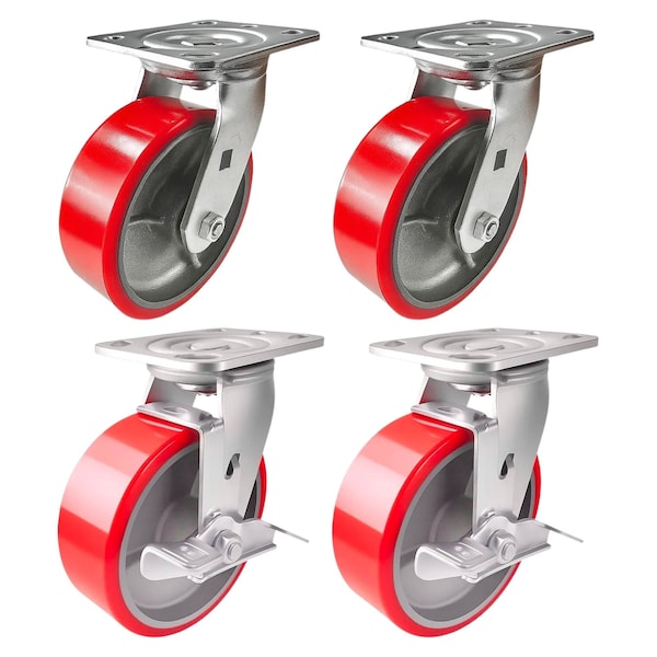 Hyw Products Heavy Duty Caster Set 6in Red Polyurethane on Cast Iron Wheels, 2 Swivel & 2 Swivel with Brake, 4PK 40-60S-A1-PC-2,40-60S-A1-PC-TB-2 (R) - main
