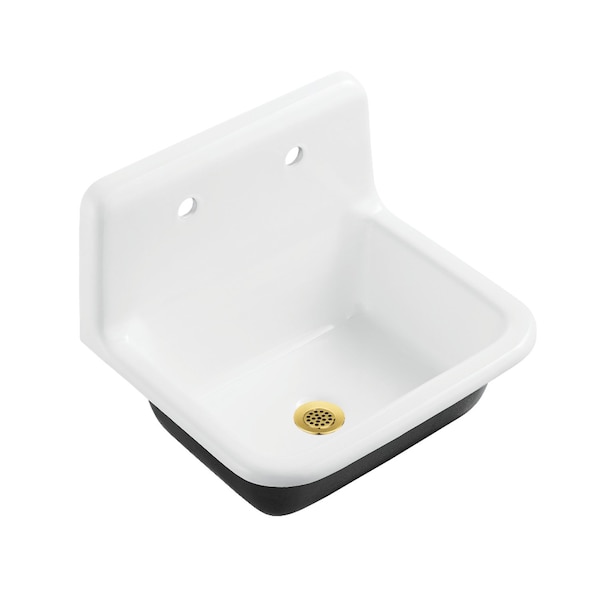 Kingston Brass 22" Cast Iron Single Bowl Wall Mount Utility Sink with Drain, White/Brushed Brass KGCLWS221877 - main