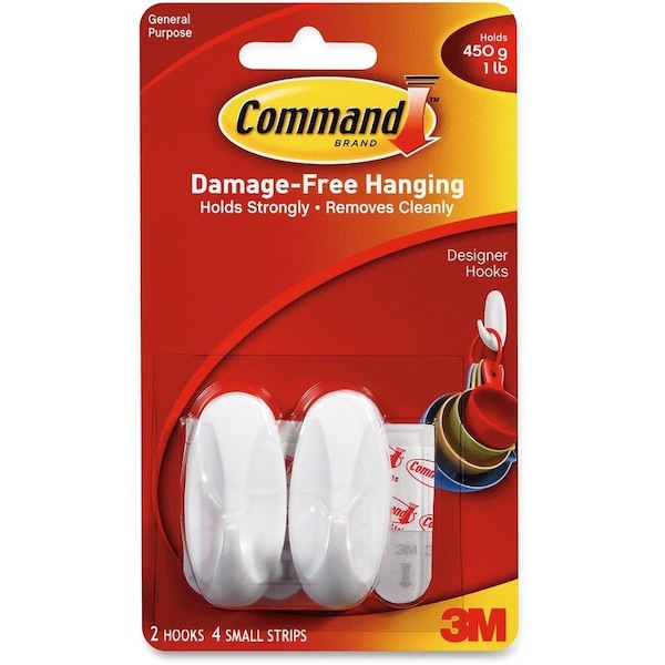 Command Designer Hook, 14 in Opening, 1 lb, 2Hook, Plastic, White 17082 - main