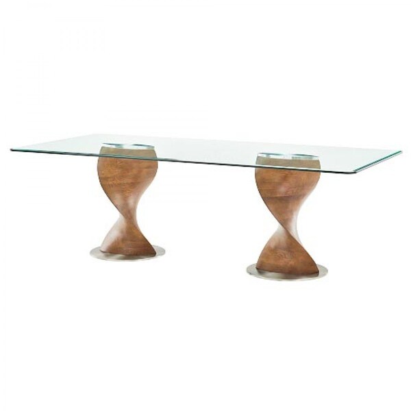 Homeroots 95" Clear And Brown Glass And Solid Wood Double Pedestal Base Dining Table 487882 - main