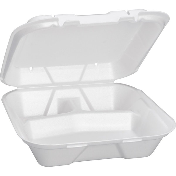 Genpak 9.25"x9.25"x3" White Lg 3 Compart Foam Hinged Dinner Container, PK200 SN203 - main