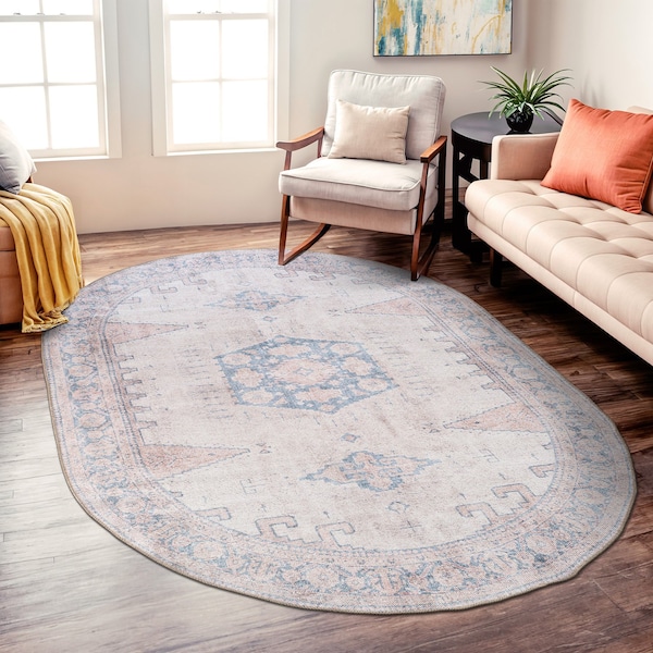 World Rug Gallery Vintage Bohemian Machine Washable Non Slip Area Rug 5 ft x 7 ft Oval Beige 6024BEIGE5OV - main