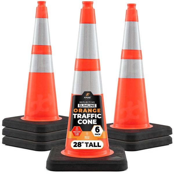 Xpose Safety 28 In Orange Slim Line Traffic Cone, 10 lb Base with 6in & 4in Collar, DOT Approved, 6-PK OTC28SL-64-10L-6-X-S - main