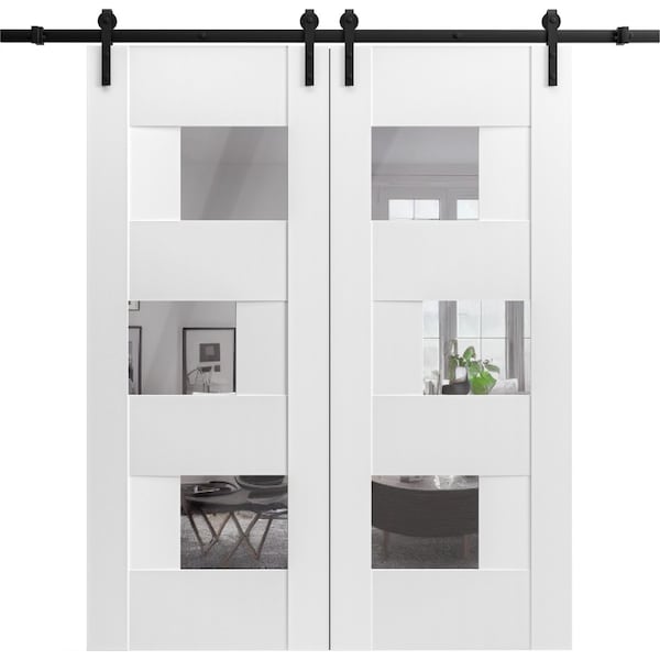 Vdomdoors Modern Double Barn Door Sete 6999 White Silk with Mirror 13FT Rail Track Set Solid Panel Interior SETE6999DB-WS-48 - main