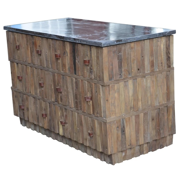 Homeroots 47in Brown Distressed Reclaimed Wood Carved Geometric Six Drawer Buffet Table 606265 - main