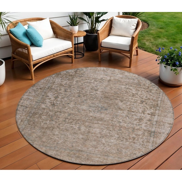 Homeroots 8' Brown And Beige Round Abstract Washable Indoor Outdoor Area Rug 615994 - main