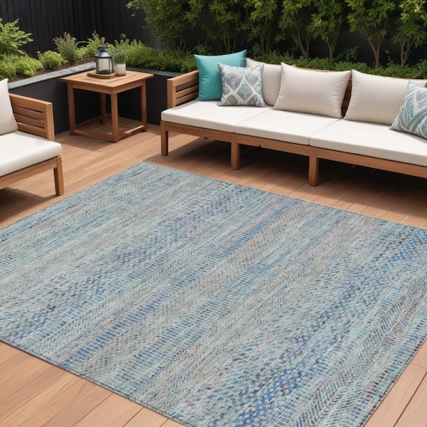 Homeroots 8' X 10' Blue And Charcoal Striped Washable Indoor Outdoor Area Rug 615659 - main