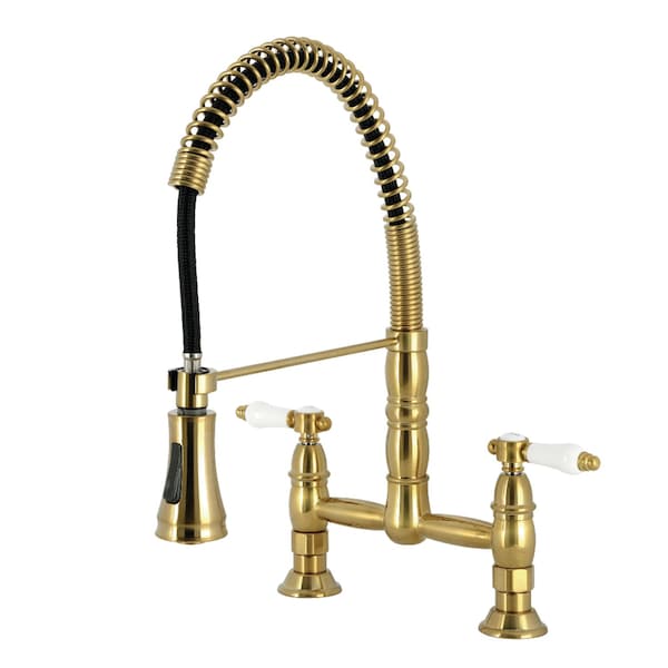 Kingston Brass Double-Handle Deck-Mount Pre-Rinse Bridge Kitchen Faucet, Brushed Brass GS1277BPL - main
