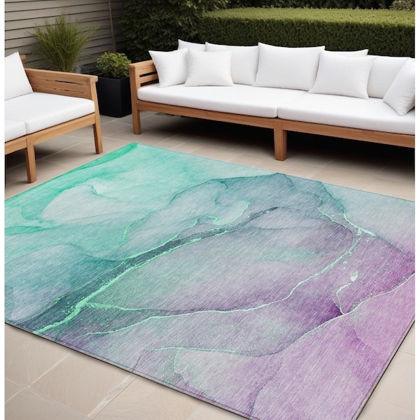 Homeroots 10' X 14' Teal and Purple Abstract Washable Indoor Outdoor Area Rug 559792 - main