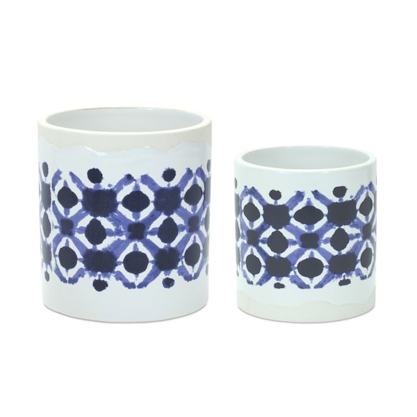 Homeroots Set of Two White And Blue Ceramic 5 Ounce Geometric Round Pot Planters, 2PK 518001 - main