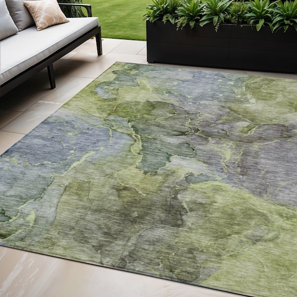 Homeroots 5' X 8' Olive Green And Gray Abstract Washable Indoor Outdoor Area Rug 581768 - main