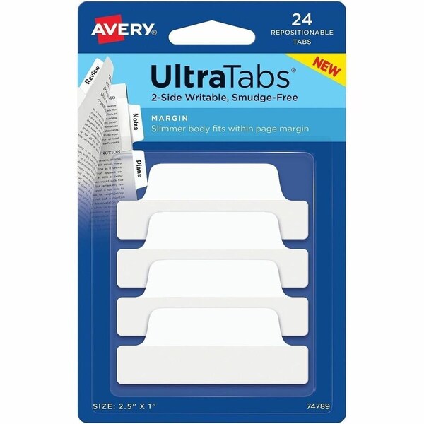 Avery Ultra Tabs Repositionable Margin Tabs, 24 Tab(s), 6 Tab(s)/Set, Clear Film, White Paper Tab, 72PK 74789 - main
