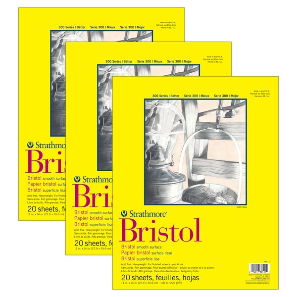 Strathmore 300 Series Bristol Pad, Smooth Finish, Tape Binding, 20 Sheet, 11x14 inch, 3PK P342-11-03 - main