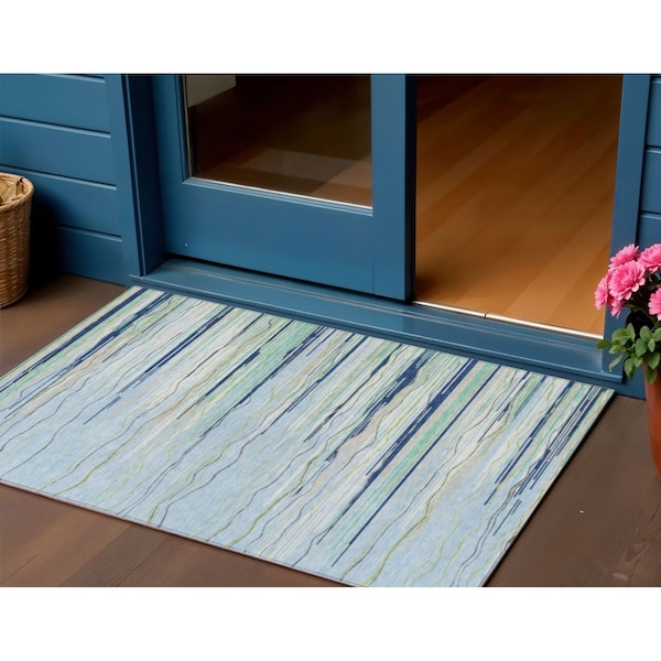 Homeroots 3' X 5' Sky Blue Aqua And Gray Striped Washable Indoor Outdoor Area Rug 597289 - main