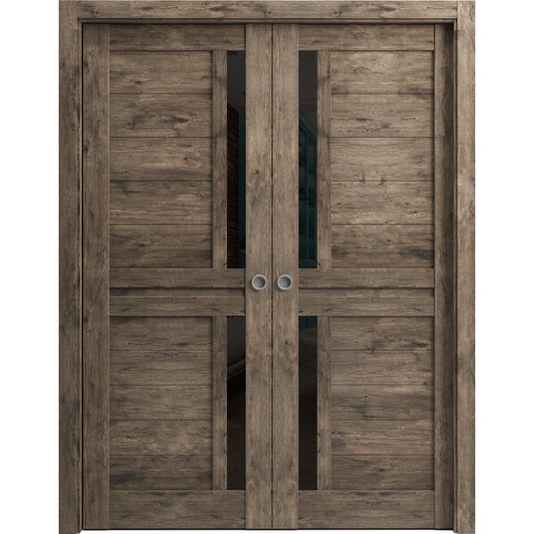 Sartodoors Sliding French Dbl Pocket Doors 36 x 96in, Cognac Oak W/ Black Glass, Kit Trims Rail Hardware VEREGIO7588DP-AKA-3696 - main