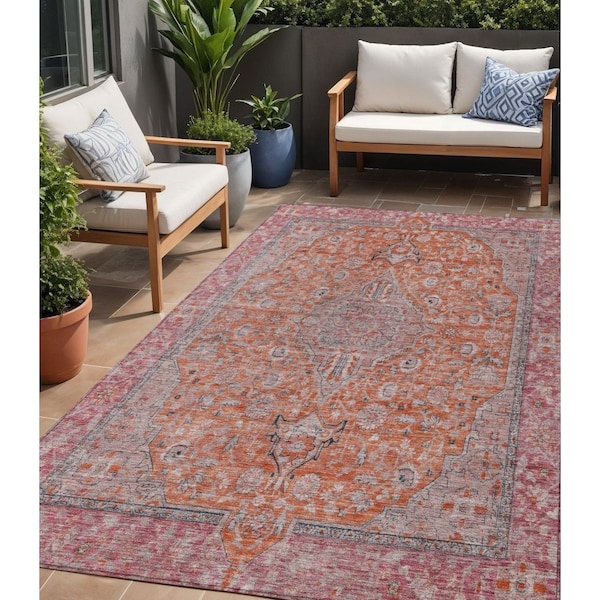 Homeroots 5' X 8' Orange And Red Medallion Washable Indoor Outdoor Area Rug 616281 - main