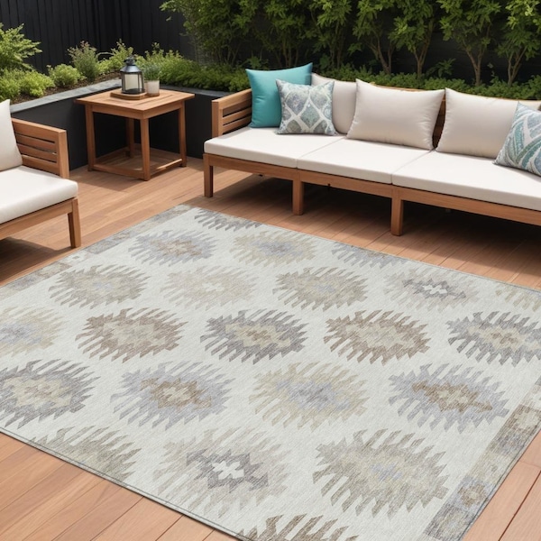 Homeroots 10' X 14' Ivory Khaki And Gray Southwestern Washable Indoor Outdoor Area Rug 615145 - main