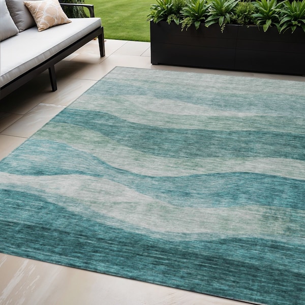 Homeroots 5' X 8' Teal Blue And Aqua Abstract Washable Indoor Outdoor Area Rug 604990 - main