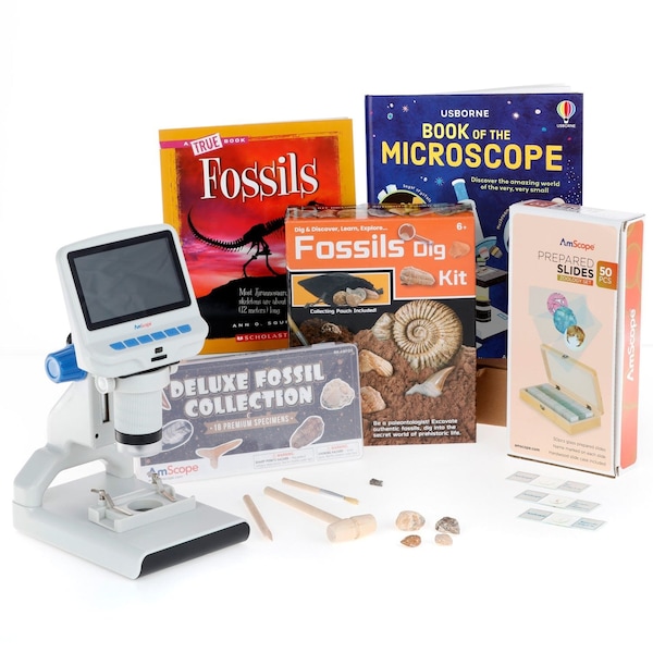 Amscope Kid's Fossil Discoverer Set featuring 1080P HD Portable LCD Digital Color Microscope, Fossil Dig Kit KVB-FOS-140-DIS - main