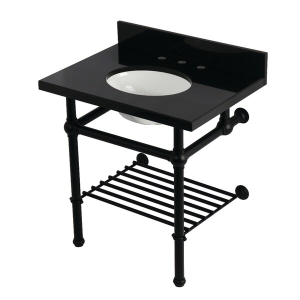 Kingston Brass 30" Black Granite Console Sink with Brass Legs and Shelf, 8-Inch, 3-Hole, Black Granite/Matte Black KVPK3030KBB0 - main