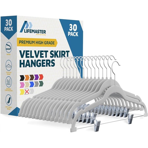 Lifemaster Velvet Skirt Hangers, Adjustable Clips, 360 Deg Swivel Hook, Non-Slip, Holds 10 lbs, White, 30PK LMVSH30WH - main