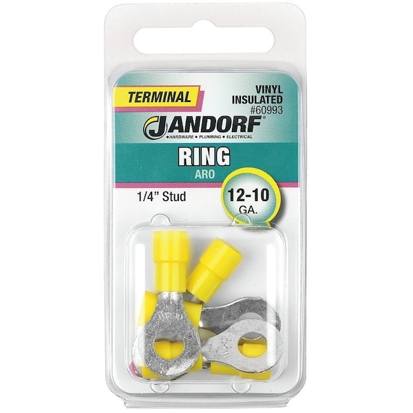 Temrinal Icon Jandorf Ring Terminal, 12 to 10 AWG Wire, 1/4 in Stud, Vinyl Insulation ...
