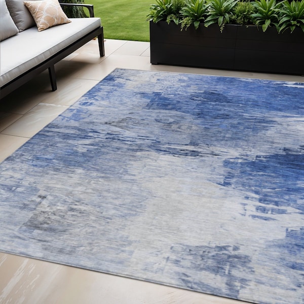 Homeroots 5' X 8' Denim Blue And Sky Blue Abstract Washable Indoor Outdoor Area Rug 577704 - main