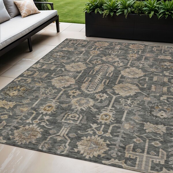 Homeroots 5' X 8' Gray Silver And Beige Oriental Washable Indoor Outdoor Area Rug 582075 - main