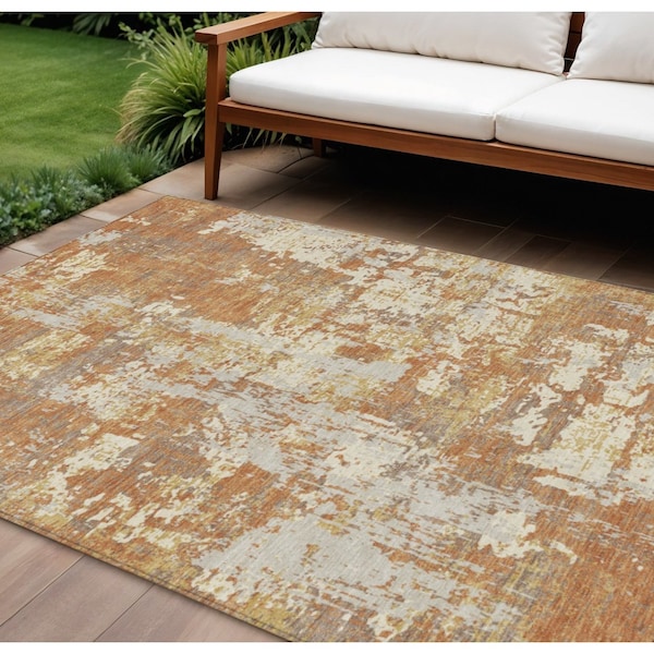 Homeroots 9' X 12' Copper Gold And Ivory Abstract Washable Indoor Outdoor Area Rug 597954 - main