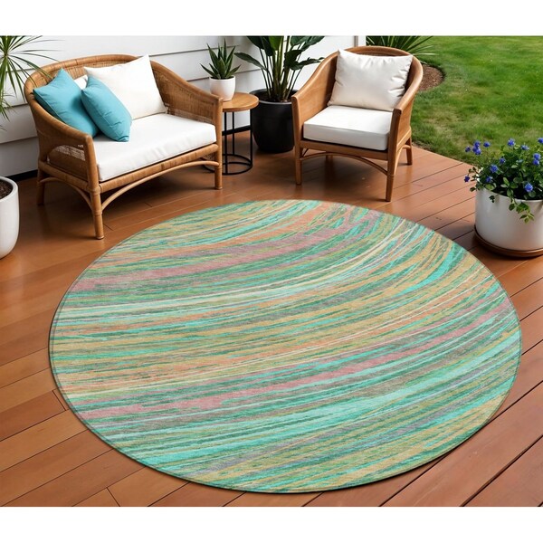 Homeroots 8' Teal Blue Pink And Peach Round Abstract Washable Indoor Outdoor Area Rug 631253 - main