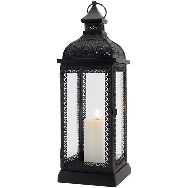 Homeroots 18" Clear And Black Glass And Metal Filigree Tabletop Lantern Candle Holder 719770 - main