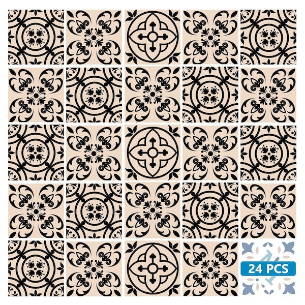 Homeroots 6" X 6" Cream And Black Mosaic Peel And Stick Removable Tiles 390775 - main